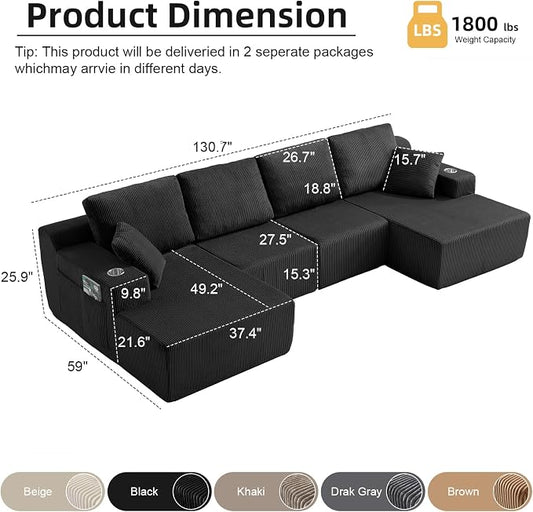 130" U-Shaped Modular Sectional Sofa with Chaise, Boneless Corduroy Flexible Module Seating for Living Room, Cloud Couch with Cup Holders and Side Pockets, No Assembly (Black)