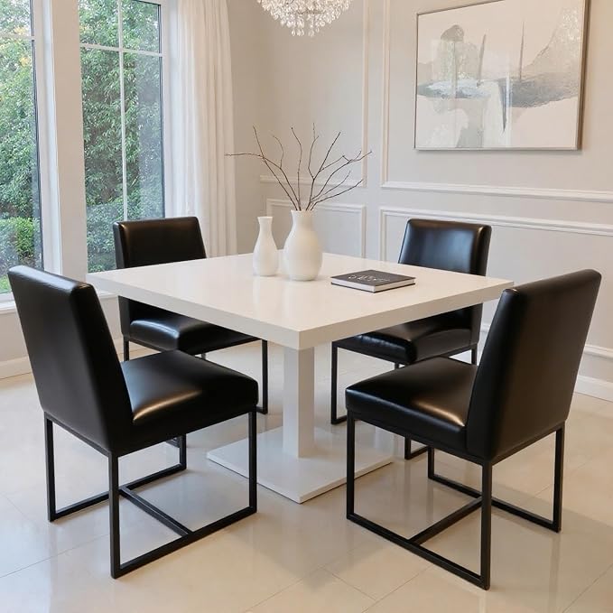 HNY Modern Dining Chairs Set of 2, Upholstered Leather Dining Room Chairs with Ergonomic Back & Metal Frame for Home, Kitchen, Apartment, Black