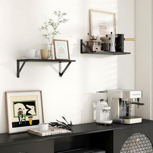 Axeman Floating Shelves for Wall, 16''W x 8''D Black Floating Shelves Set of 2, 8 Inch Deep Wall Shelves for Bookshelf Living Room Bedroom Home Office Bathroom