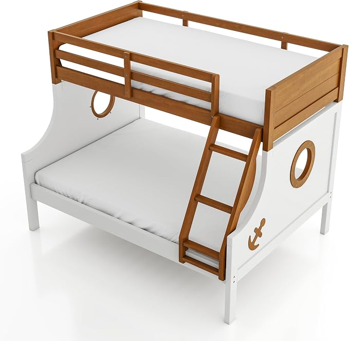 Furniture of America Kirsen Modern Solid Wood Twin Over Full Bunk Bed, No Box Spring Required, Boat Theme, for Kids, Boys, Girls, Bedroom, Dorm, Oak/White, No Trundle