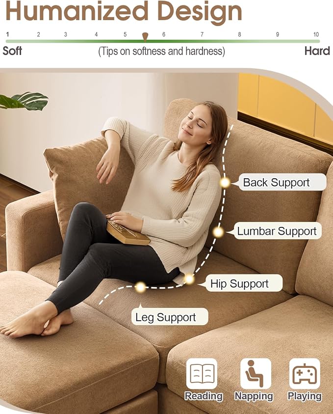 Karl home 99.6" 3-Seat U-Shaped Sectional Sofa, Khaki | Chenille Upholstered, 2 Movable Ottomans, Cloud-Like Seat, 2 Throw Pillows, Comfy Deep Seat, Living Room, Apartment, Office