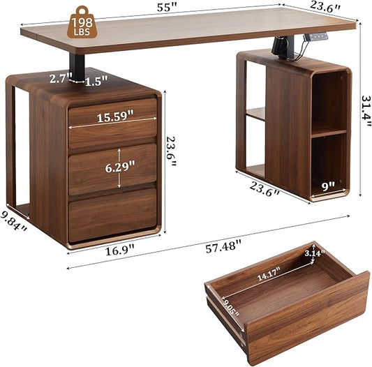 Electric Standing Desk with Drawers, 55" Office Desk Height Adjustable Executive Desk with Storage Shelves, Simple Setup Wood Desk Home Office Stand up Desk for Work, Study, Writing, Walnut