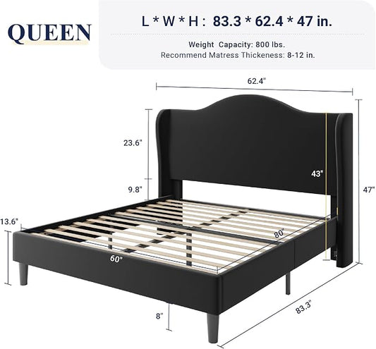 Allewie Queen Size Bed Frame, Upholstered Wingback Platform with 47" Tall Tufted Headboard, Plush Velvet Fabric, Modern Minimalist Design, No Box Spring Required, Tool-Free Assembly, Black