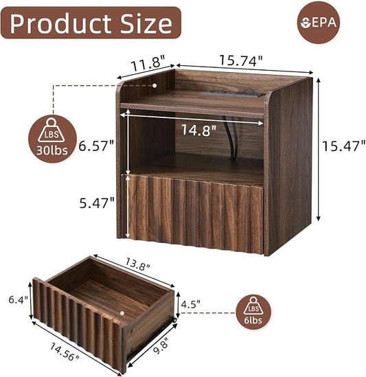 BuildHom Modern Fluted Floating Nightstand Wall Mounted Set of 2- Bedside Table with Storage Drawer & Display Shelf, Minimalist Bedroom Furniture for Studio Apartments (Walnut)