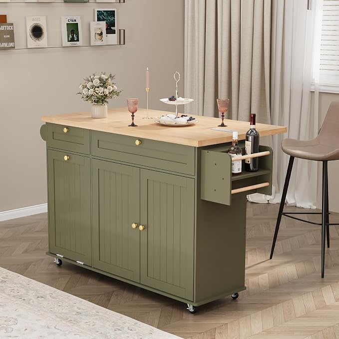 ComfyCorner 60" Rolling Large Kitchen Island on Wheels with Extendable Table, Drop Leaf & Power Outlet, Mobile Kitchen Cart with Storage Cabinet, 2 Drawers, Spice Rack, Towel & Knife Holder, Green