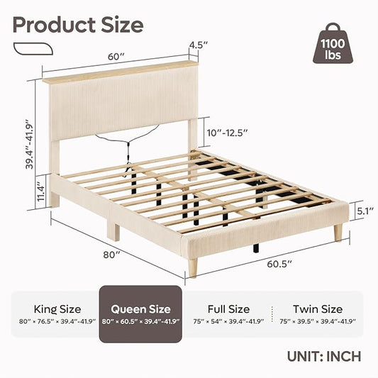 Bestier Queen Bed Frame with Adjustable Headboard & LED Lighting, Corduroy Upholstered Platform Bed Frame with Storage Shelf, Solid Wood Slats, No Box Spring Needed,Never Squeak, Easy Assembly, Beige