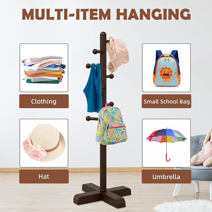 Coat Rack, Freestanding Coat Racks with 8 Hooks 2 Adjustable Height, Tree Coat Rack for Bedroom, Hallway, Entrance, Office, Hats, Handbags,Purse (Brown)