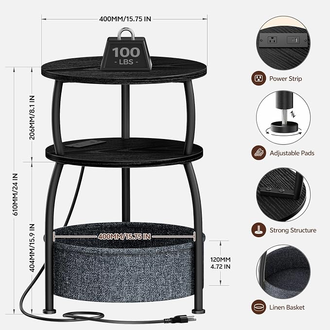 Round Side Table with Charging Station, USB Type C Port, Black | Round End Table with Basket for Living Room, Space Saving, Tall Night Stand for Bedroom Dorm,15.75in Metal and Wood, Rustic