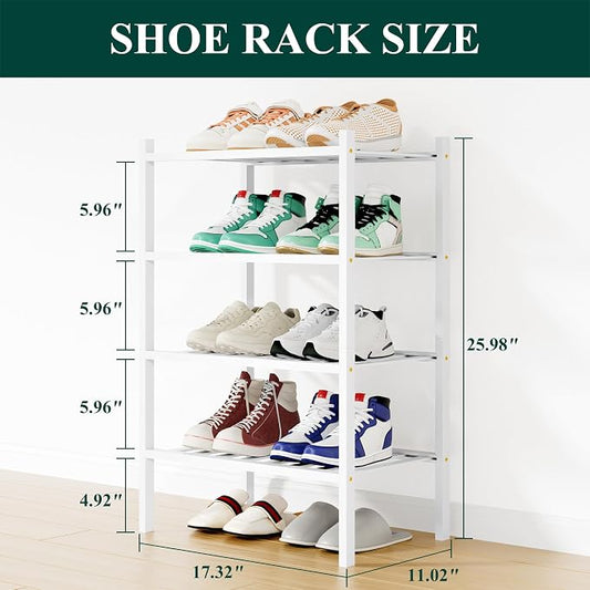 Smiry Small Bamboo Shoe Rack, 4 Tier Free Standing Wooden Shoe Organizer, Stackable Wood Shoe Storage Shelf for Closet, Entryway, 12 Vertical Slats, 2+2 Stack Standard Legs, 17.3"x11"x26", White