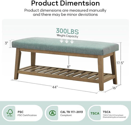 Entryway Bench with Cushion, Upholstered Shoe Rack Bench with Solid Wood Shelf, 44" End of Bed Bench for Bedroom, Chenille Fabric Storage Bench for Entryway, Hallway, Living Room (Teal)