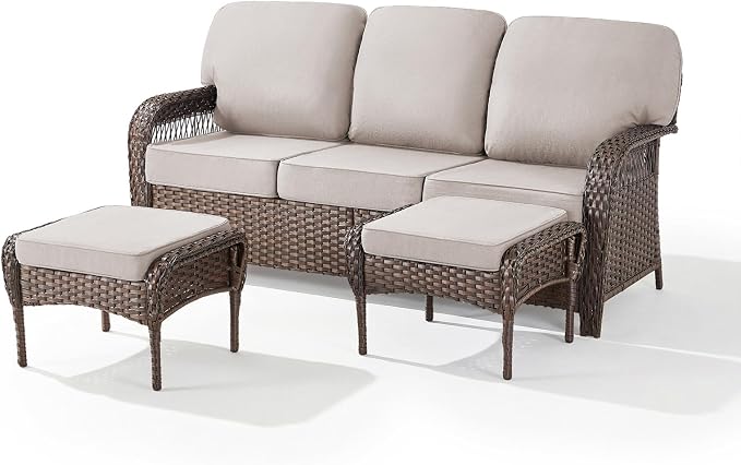 Belord Luxury Outdoor High Back Couch with Ottoman, All-Weather Wicker 3-Seater Sofa, 3 Piece Patio Conversation Furniture Set,Beige