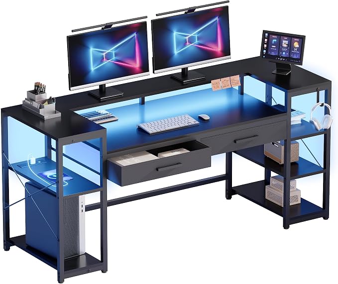 Pamray 58 Inch Computer Desk with Monitor Stand and Shelves Gaming Desk with LED Lights & Power Outlets PC Vanity Table with 2 Drawers for Home Office Black