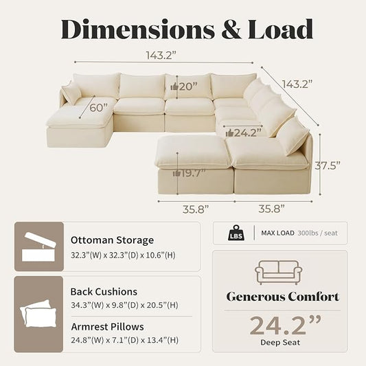 Cloud Modular Hosting Sectional, Oversized Deep Seat Comfort, Luxe Chenille | Fully Removable Washable Covers, Memory Foam Seat Cushions, Storage Ottoman, Premium Fabric