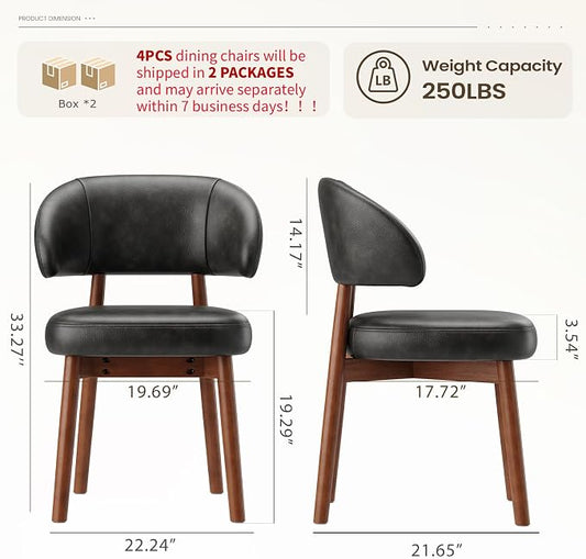MALOL Wooden Dining Chairs Set of 4, Modern Upholstered Dining Room Chair, PU Leather Kitchen Side Chairs with Curved Open Back for Living Room/Restaurant/Cafe, Black