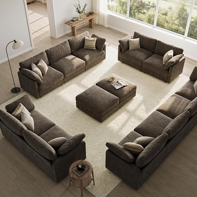 114" Cloud Couch Sectional Couches for Living Room Brown | 10" High-Resilience Cloud Cushion, 36" Movable Ottoman, Plus-Size Friendly Couch, 28" Extra Deep Seat Sofa