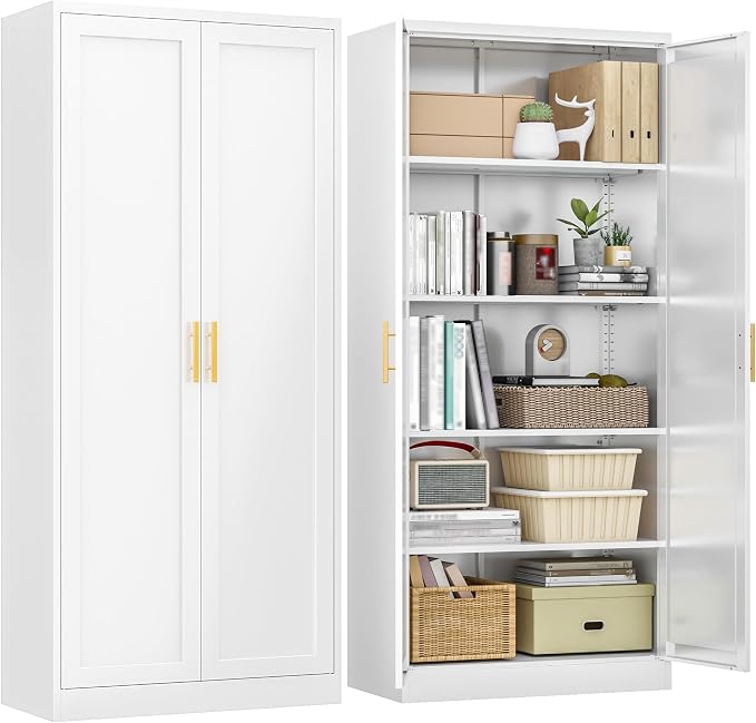 BESFUR Kitchen Pantry Cabinet,71” Metal Tall Pantry Storage Cabinet with Doors and 4 Adjustable Shelves,Kitchen Storage Cabinets White Freestanding Food Cabinet for Pantries, Kitchen