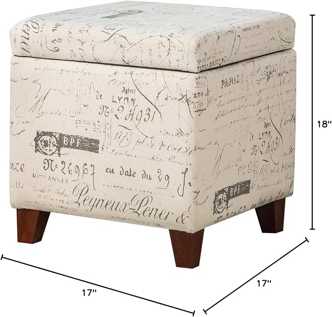 Adeco Fabric Script Pattern Cube Storage Footstool, Hinged Lid, Solid Wood Legs, 18" Height Ottomans & Storage Ottomans, Cream White