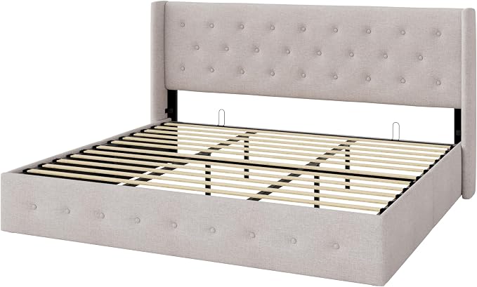 Allewie King Size Lift Up Storage Bed, Button Tufted Headboard with Wingback, Hydraulic Support, No Box Spring Needed, Light Beige