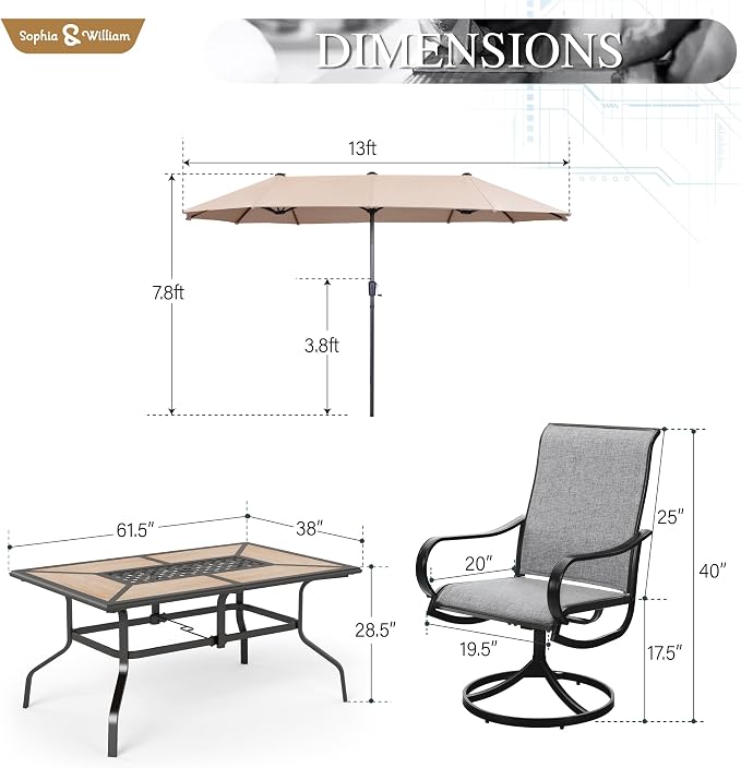 Sophia & William Patio Set with Umbrella Outdoor Dining Set for 6 with 13ft Umbrella Beige, 6 x Patio Chairs Grey, 1 Wood Like Outdoor Dining Table for Deck Lawn Garden (No Umbrella Base)