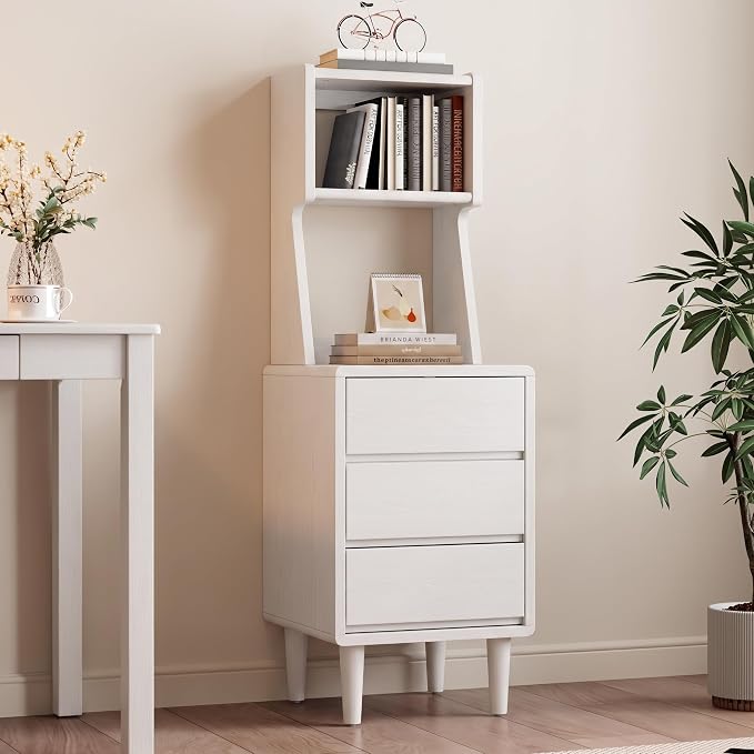 Solid Wood Bookshelf with Drawers,Narrow bookcase with Storage Shelves,Tall Nightstand with Drawers,Mid Century Modern Nightstand,Open Shelf Bookcase,Small Book Shelf for Bedroom,Living Room,Offices