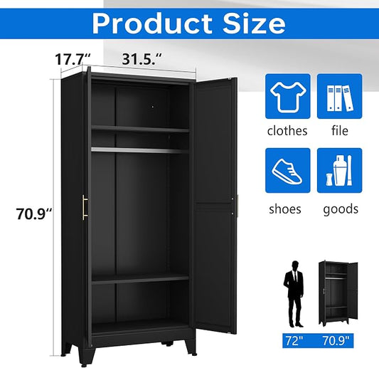 PAOFIN 71" Metal Armoire Wardrobe Closet, Bedroom Clothing Storage Cabinet with 2 Drawers and Hanging Rod, Freestanding Armoire Cabinet with Adjustable Shelves (Black)