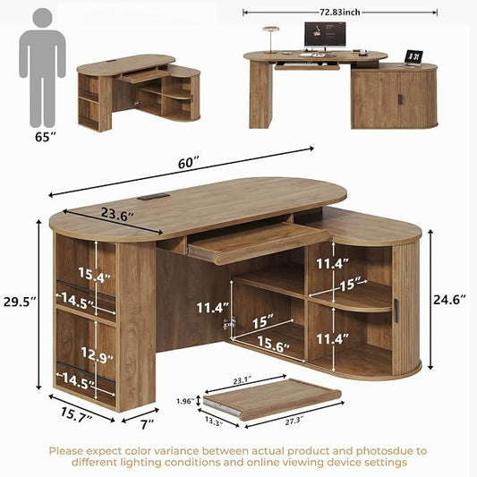 HSH Reversible L Shaped Desk with Storage, Computer Desk with Keyboard Tray | 60" Modern Annual Ring Wood Executive Office Desk, Adjustable Corner Design for Gaming Spaces and Home Workstations
