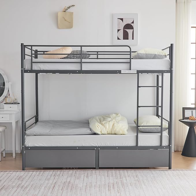 Karl home Grey Bunk Bed Twin Over Twin with 2 Storage Drawers, Metal Bunk Bed with Built-in Ladder and Safety Guardrail, Space-Saving Twin Bunk Beds for Kids, Teens & Adults, No Box Spring Needed
