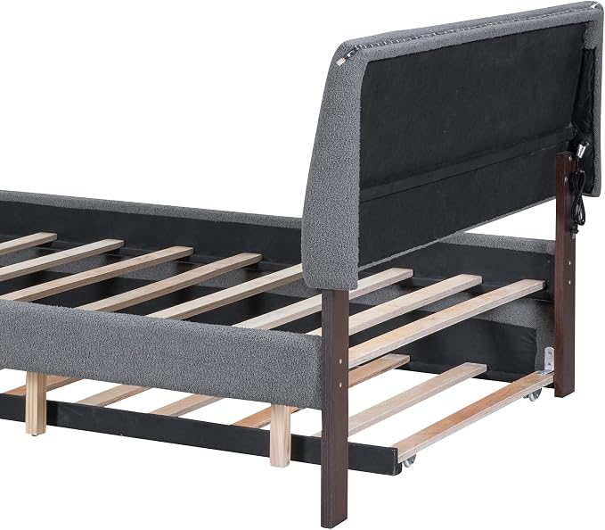 Bellemave Full Bed Frame with Trundle and LED Lights,Teddy Fleece Upholstered Platform Bed Frame with USB,Full Size Trundle Bed with Headboard for Kids Teens Adults,Gray