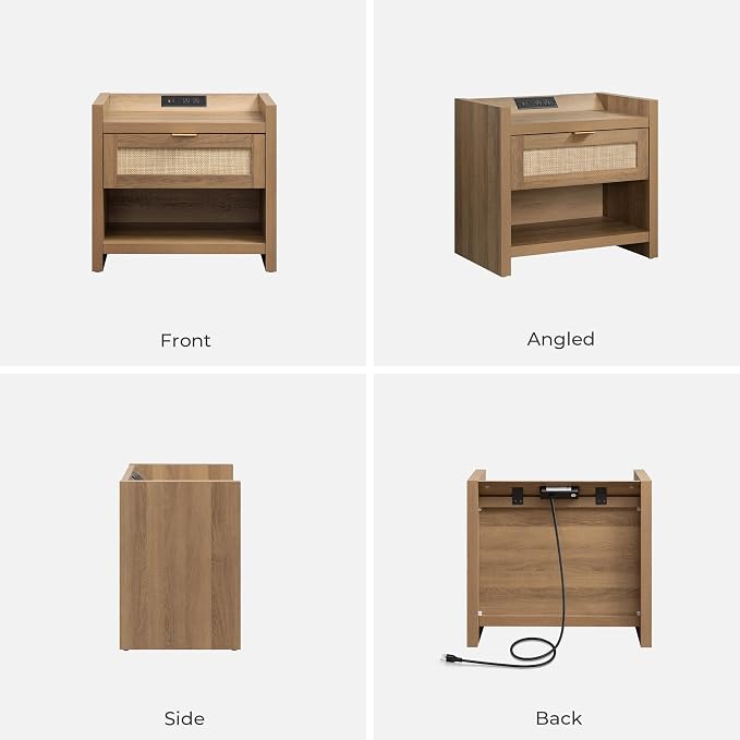 SICOTAS Night Stand Bed Side Table - Rattan Nightstand with Type-C Charging Station,Drawer Storage End Table - Boho Bedside Night Stands for Bedroom - Natural Oak