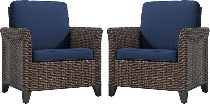Patio Wicker Chairs with High Back Set of 2, All Weather PE Wicker Outdoor Chairs with Water-Resistant Cushions for Garden, Deck, Porch, Backyard, Balcony