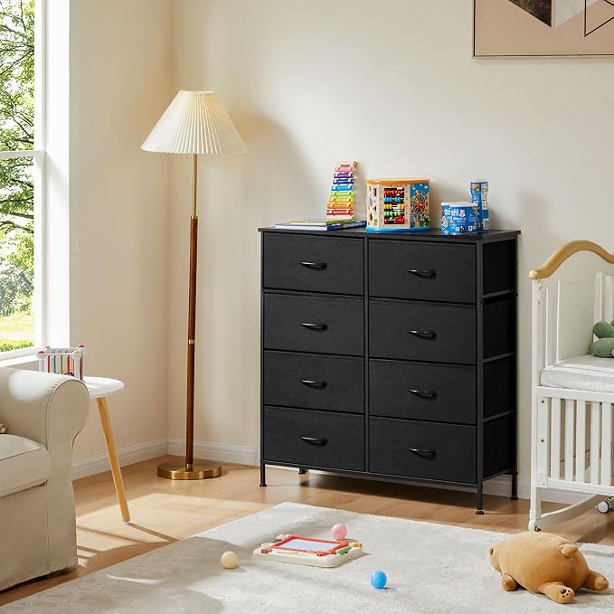 DUMOS 8 Drawer Dresser for Bedroom, Fabric Storage Organizer with Sturdy Metal Frame, Wooden Top Chest of Drawers for Closet Entryway Guest Room,Matte Black