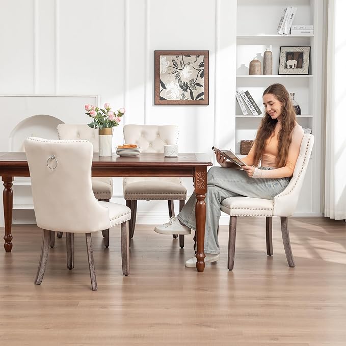 Hixkol Velvet Dining Chairs Set of 2,Upholstered Dining Chairs with Ring Pull Trim and Button Back,Modern Seating for Kitchen, Bedroom & Living Room(Beige)