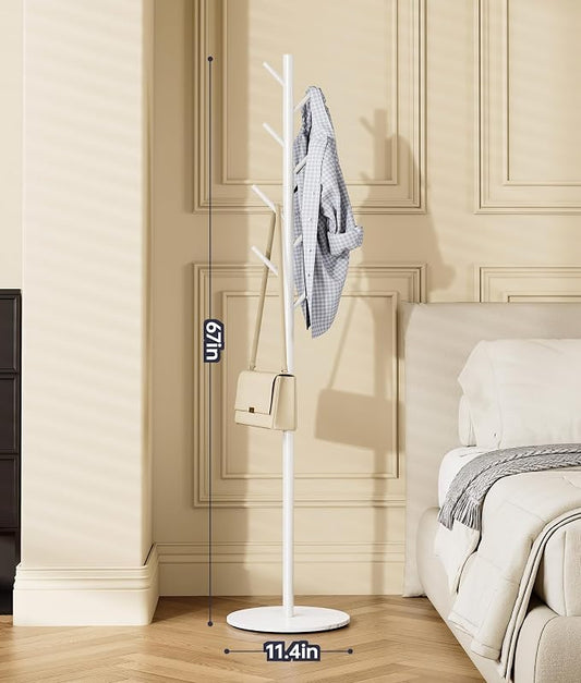 Coat Rack with 8 Hooks, 3 Adjustable Heights, Modern Hall Tree, Sturdy Metal Clothes Stand with Sintered Stone Base for Entryway, Office, Bedroom, for Coats, Hats, Handbags and Scarves, White