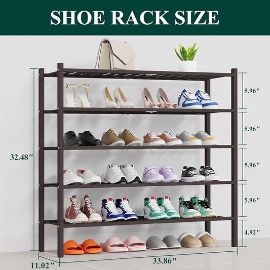 Smiry Long Bamboo Shoe Rack, 5 Tier Free Standing Wooden Shoe Organizer, Stackable Wood Shoe Storage Shelf for Closet, Entryway, 14 Vertical Slats, 2+2+1 Stack Thicker Legs, 33.7"x11"x32.5", Brown