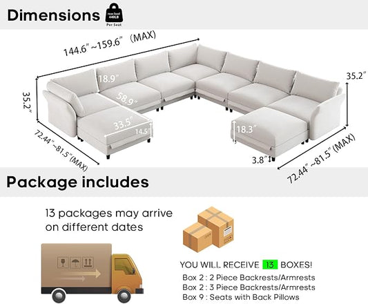 DreamDashio Oversized Cloud Sectional Couches for Living Room, 159" Extra Wide, Deep Modular Sofa with Storage, Adjustable Arms, High Backs, 9 Seater, Beige Chenille
