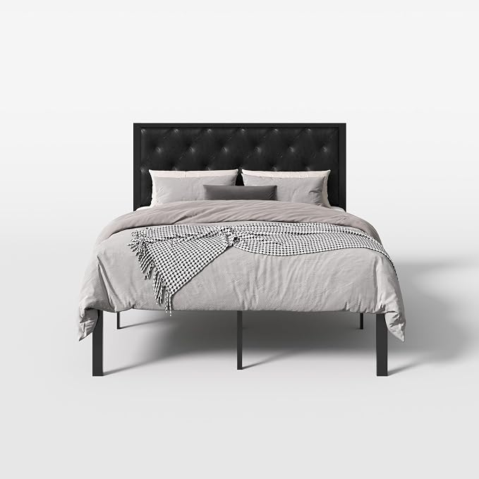 SHA CERLIN Full Size Metal Bed Frame with PU Tufted Headboard, Black | Modern Design Heavy-Duty Platform Bed, No Box Spring Need, PU Leather Upholstery, Noise Free, Easy Assembly