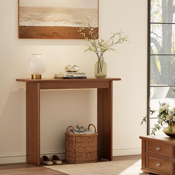 AQIMUELE Walnut Console Table Thin Rubberwood Minimalist Mid-Century Style | Stable and Sturdy 39.4" W x 11.8" D x 31.5" H for Entryway/Sofa Back