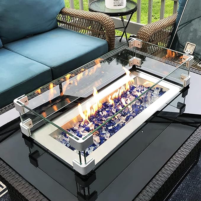 GASPRO 29 x 13 Inch Glass Wind Guard for Rectangular Fire Pit Table, Thick and Sturdy Tempered Glass Panel with Hard Aluminum Corner Bracket & Rubber Feet, Easy to Assemble