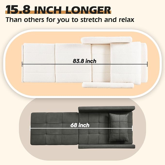 ZZW Sleeper Chair 84" Extra Long Convertible Chair Bed Upgraded 3-in-1 to 4-in-1 Pull Out Chair & Single Sofa Bed for Adult Sleeping Chair for Living Room & Small Space (White)