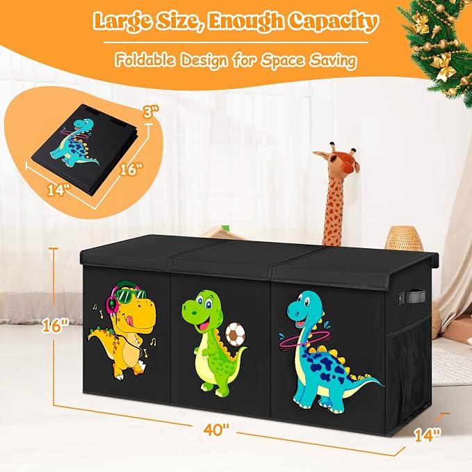 Beadsky Extra Large Toy Box, Collapsible Toddlers Toy Chest Kids Storage Organizer, Dinosaur Bin Boxes Storage Basket with Lids for Boys, Girls, Living Room, Nursery, Playroom, 40"x14"x16", Black