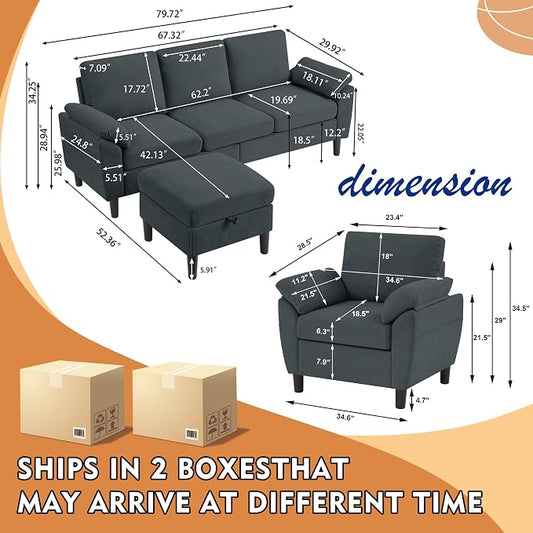 3 Piece Convertible Sectional Sofa Set, Modern Linen Small L Shaped Couch with Reversible Ottoman and Accent Chair, 3-Seat Sofa Couches for Living Room, Office, Apartment, Dark Grey
