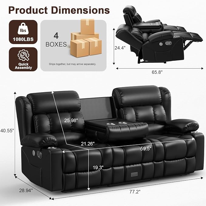Loveseat Recliner Sofa, 3 Seater Minimalist Style Reclining Loveseat with Flip Back Console, USB Charge Ports, Cup Holders, Recliner Love Seat Couches for Living Room, RV, Black
