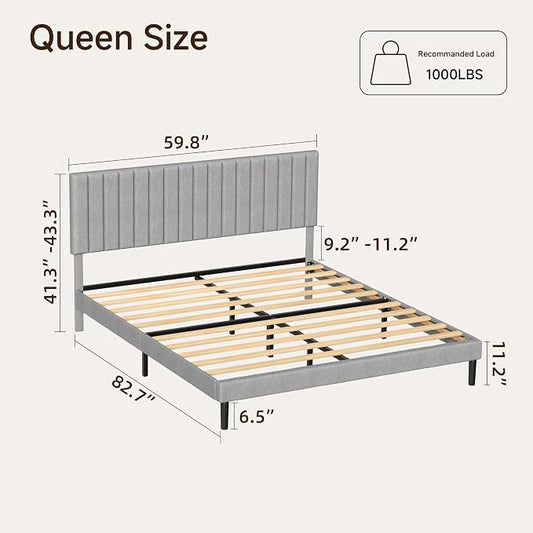 Queen Size Platform Bed Frame with Vertical Channel Tufted Headboard, No Box Spring Needed, Noise-Free, Easy Assembly, Light Grey Linen