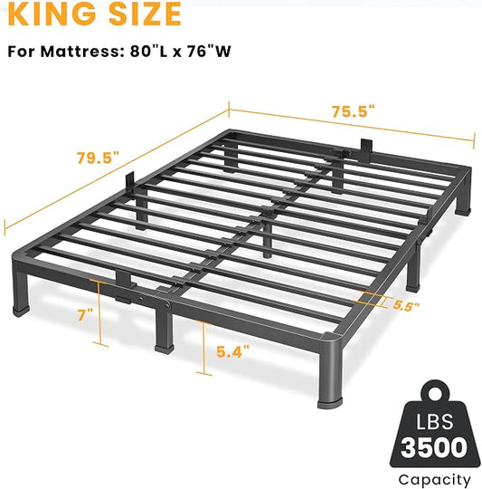7 Inch King Bed Frame, Metal Platform Bed Frame with Round Corner Legs, 3500 lbs Heavy Duty Steel Slats Support, No Box Spring Needed, Noise Free, Easy Assembly, Black