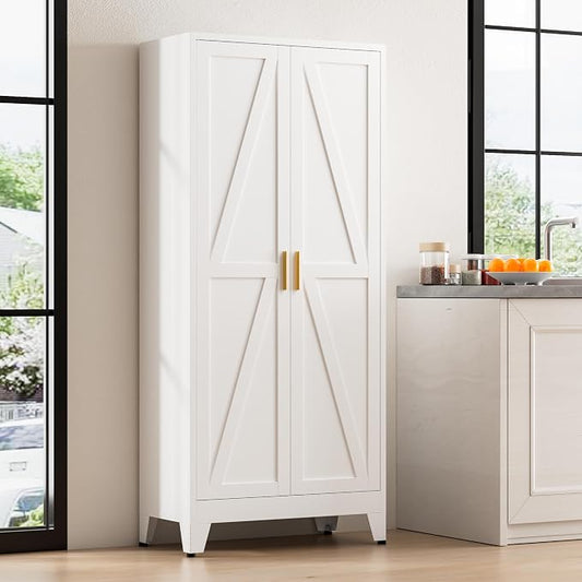 61" Tall Metal Pantry Cabinet, Kitchen Storage Cabinet with 2 Doors and 3 Adjustable Shelves for Kitchen, Living Room, Dining Room, Bathroom and Home, Office (White, 1PC)