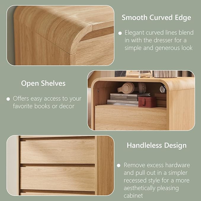 Aitjunz 25" Tall Modern Nightstand Set of 2, 23.6'' Wide Wood Bedside Table w/2 Storage Drawers, Charging Station, Mid Century End Table for Bedroom, Living Room,Curved Profile Design, Natural Oak