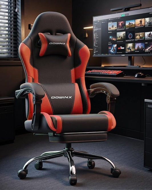 Dowinx Ergonomic Gaming Chair with Footrest & Massage Lumbar, 2D-Linkage Armrests for Computer Chair 330lbs with Headrest Pillow for Office, Home, Streaming and Long Gaming Sessions, Red