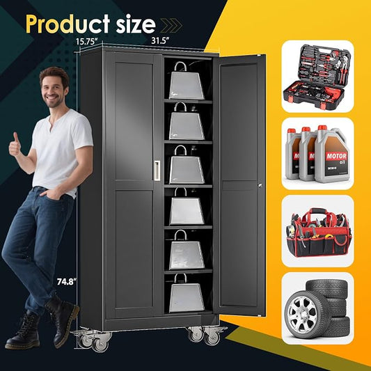 PAOFIN 75''H Metal Garage Storage Cabinet with Wheels,Steel File Cabinets with 2 Doors and 5 Adjustable Shelves for Home Office, Warehouse, Required Assembly,Black