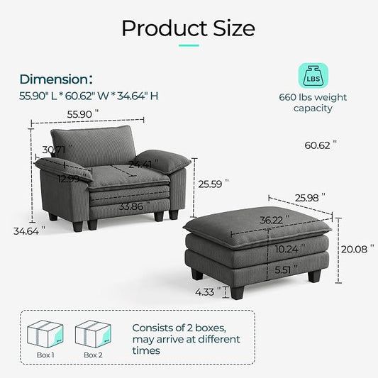 LINSY HOME Cloud Sofa Accent Chair with Ottoman Chaise Lounge Chair Indoor, Corduroy Couch Sofa Chair for Living Room Apartment Bedroom Office, Grey