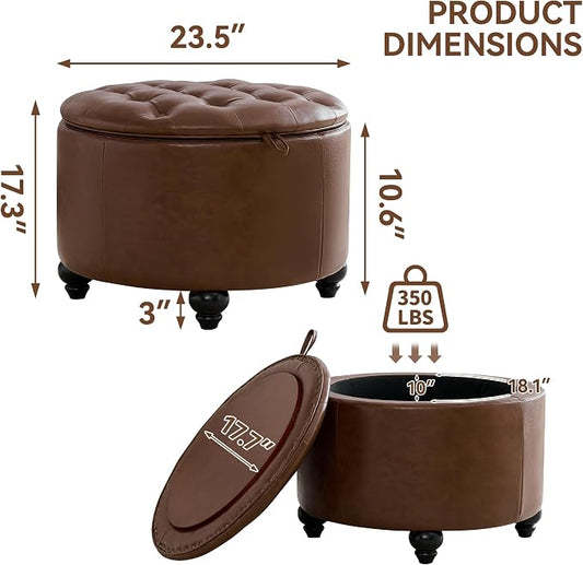 WUTUTUEE 24Inch Round Storage Ottoman with Tray, Modern Tufted Leather Circle Coffee Table with Storage, Upholstered Ottoman with Removable Top for Living Room, Bedroom, Leather Coffee